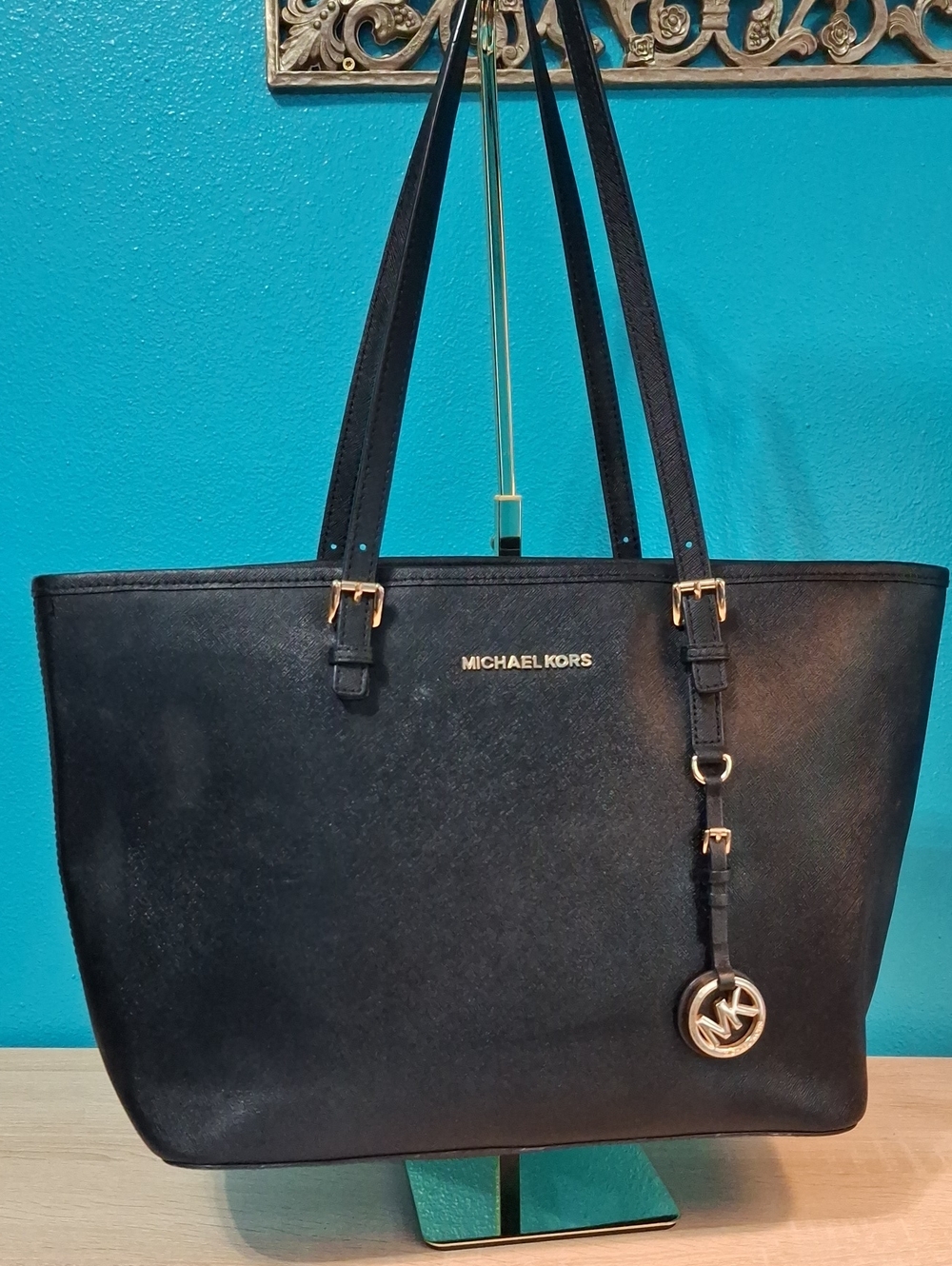 Michael Kors Jet Set Black Tote with Gold Accent Charm